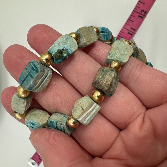 Vintage Scarab Beetle Egyptian Beaded Stone necklace - Picture 2 of 7